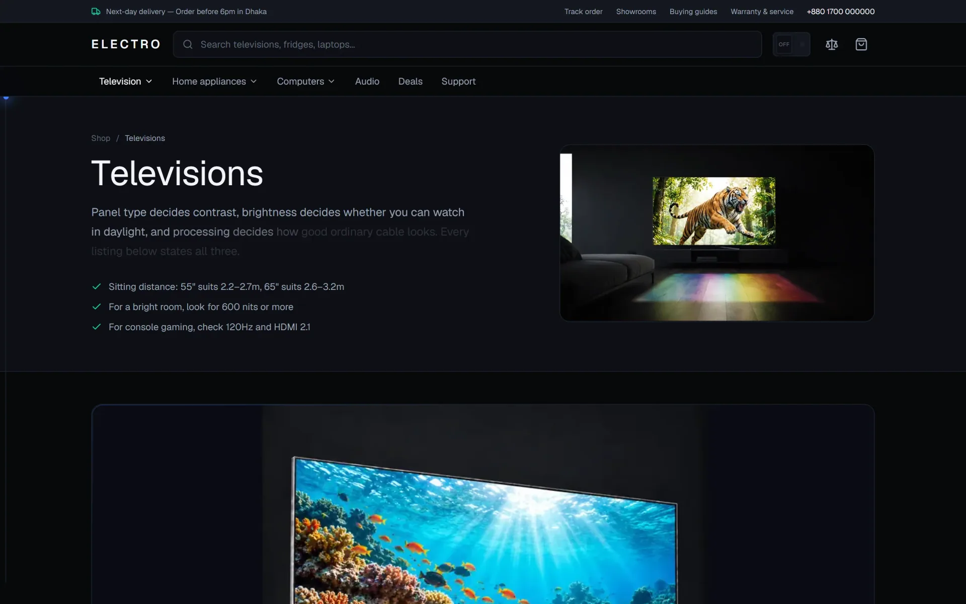 Televisions — the department opens with its film across the header, then the film settles into its panel