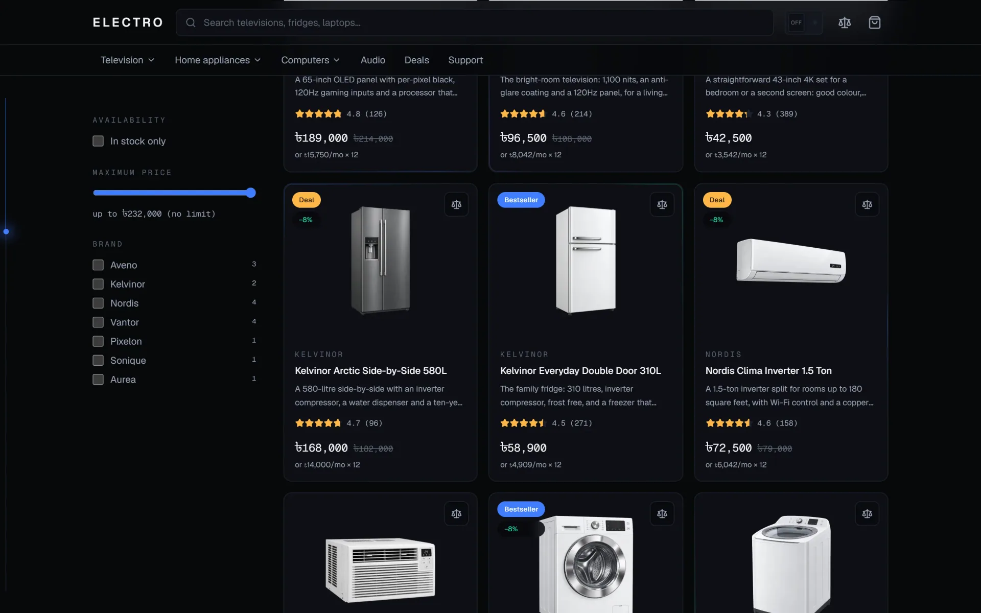 Shop — sixteen models with URL-synced facet filters, price range and sorting