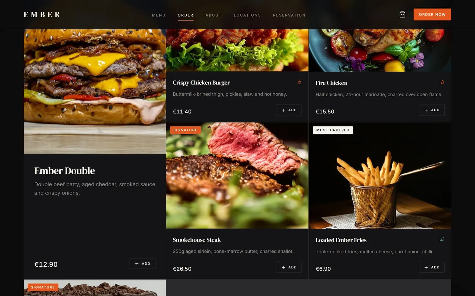 Order — add to cart with options and add-ons, no page change