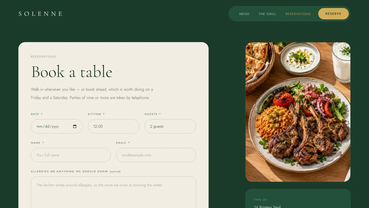 Reservations — a booking form with real validation, beside the address and the hours